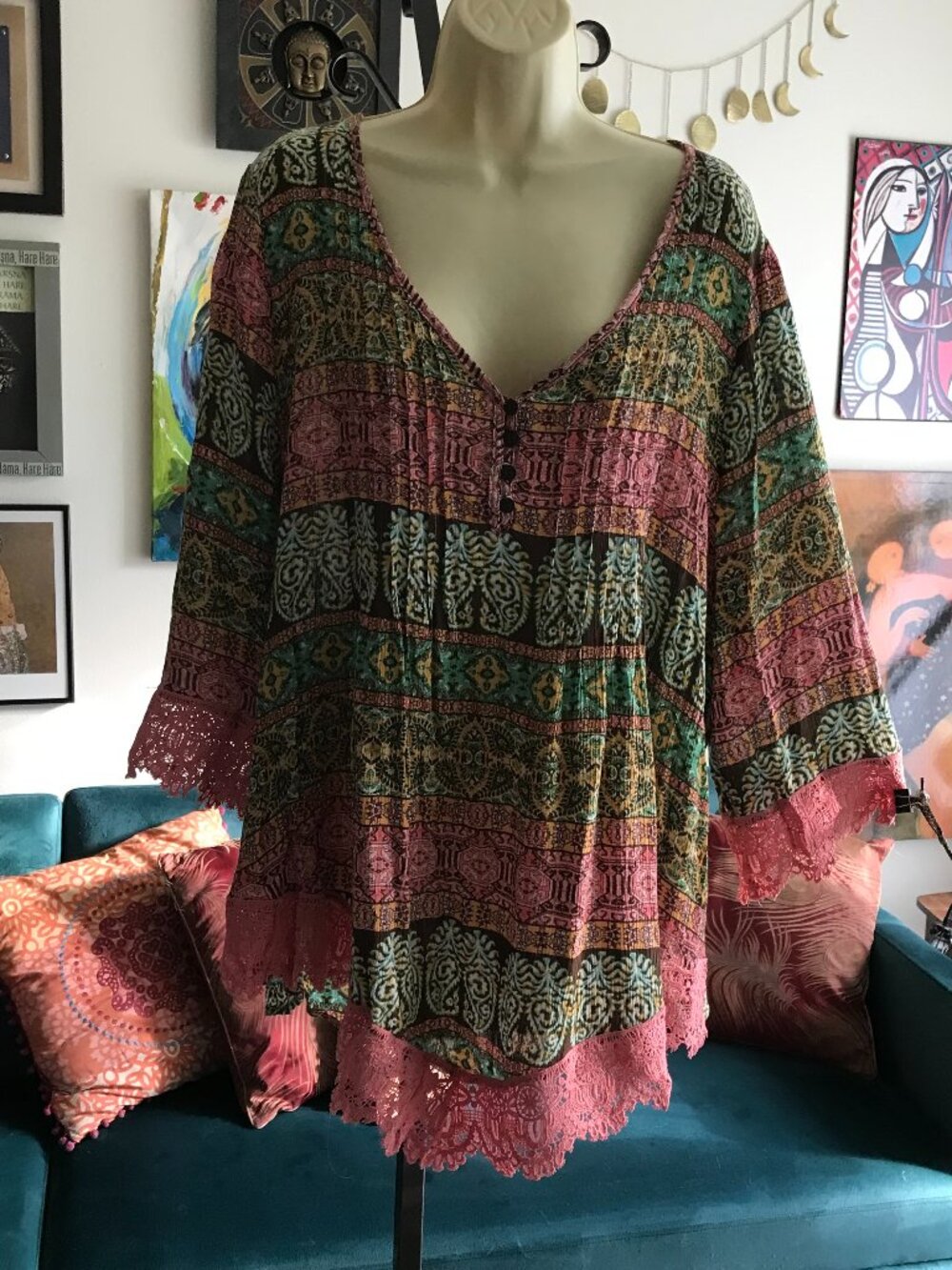 FARMERS MARKET One World size 1X Boho Hippie Pink & Green Paisley Lace Tunic Top